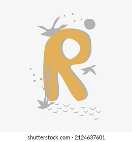 Minimalistic pattern in an oriental style in form of letter R. Flock of birds, ducks flying, reeds growing by lake. Abstract objects, spots, points, shadows. Vector illustration, for logo design