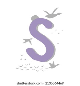 Minimalistic pattern in oriental style in form of letter S. Flock of birds, ducks are flying, sea, moon. Abstract objects, spots, points, shadows. Vector illustration, for logo design, banners.