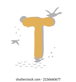 Minimalistic pattern in oriental style in form of letter T. Flock of birds, ducks are flying, sea, moon. Abstract objects, spots, points, shadows. Vector illustration, for logo design, banners.
