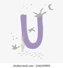 Minimalistic pattern in an oriental style in form of letter U. Flock of birds, ducks flying, reeds growing by lake. Abstract objects, spots, points, shadows. Vector illustration, for logo design