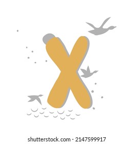 Minimalistic pattern in oriental style in form of letter X. Flock of birds, ducks are flying, sea, moon. Abstract objects, spots, points, shadows. Vector illustration, for logo design, banners.