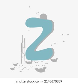 Minimalistic pattern in an oriental style in form of letter Z. Flock of birds, ducks flying, reeds growing by lake. Abstract objects, spots, points, shadows. Vector illustration, for logo design