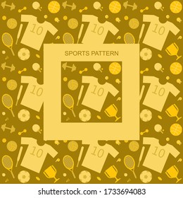 Minimalistic pattern with sports equipment. Includes images of balls for football, basketball, volleyball, and other sports, as well as other equipment.