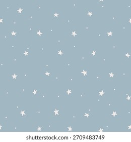 Minimalistic pattern with stars on a blue background. Small white stars in a sky. Childish baby cute drawing, seamless background. Can be used for fabric, textiles, wallpaper, printing, web design.