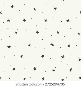 Padrão minimalista com estrelas em um fundo creme. Pequenas estrelas negras em um céu branco. Desenho infantil, infantil e ingênuo, fundo sem costura. Pode ser usado para tecido, têxteis, papel de parede, impressão.