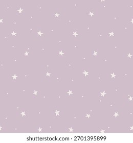 Minimalistic pattern with stars on a pink background. Small white stars in a sky. Childish baby naive drawing, seamless background. Can be used for fabric, textiles, wallpaper, printing, web design.
