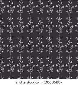 A minimalistic pattern with twigs and flowers on a dark background. Vector image. Black background. Laconic design. The theme of summer and spring. Vacation, rest.Line drawing. Simplified stylization.