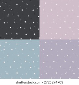 Minimalistic patterns collection with small stars in a sky. Childish baby cute drawing, seamless backgrounds. Soft pastel colors. Can be used for fabric, textiles, printing.
