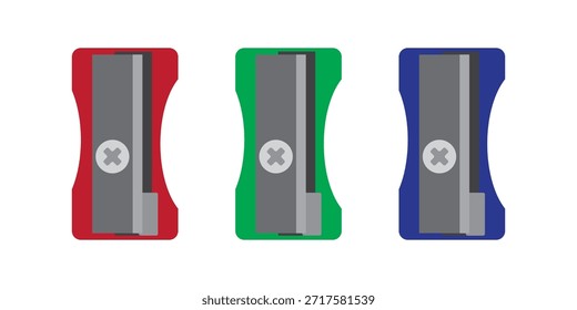 Colección de sacapuntas minimalista. Sacapuntas de lápiz multicolor en varios colores. Conjunto de herramientas de escuela de icono plano moderno aislado sobre un fondo blanco. Rojo, verde, azul. Estilo de dibujos animados Clipart, dibujado a mano doodle. Estudiantes, aula, útiles escolares, concepto de regreso a la escuela. EPS 10.
