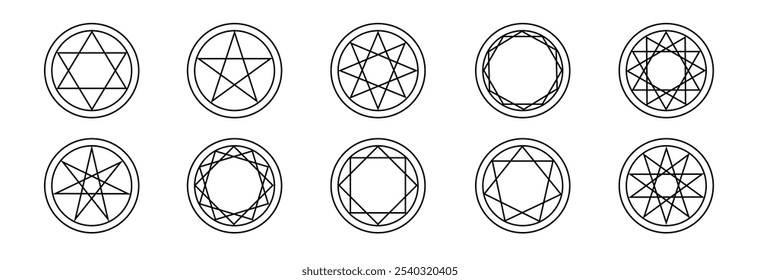 Minimalistic pentagram and geometric star set, featuring sacred and alchemical patterns in a simple outline style. Ideal for spiritual, ritualistic, and occult-themed designs.