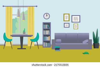 Minimalistic, pet friendly, light and bright interior of a living room with furniture, plants and some other attributes of a living r. A stylized turtle is walking over the floor. Vector illustration.