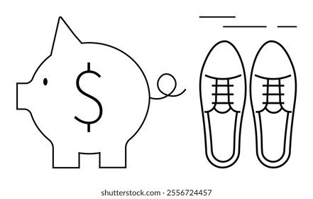 A minimalistic piggy bank with a dollar sign on its side is shown next to a pair of shoes. Ideal for finance, savings, investments, personal finance management, and budgeting themes. Line art style