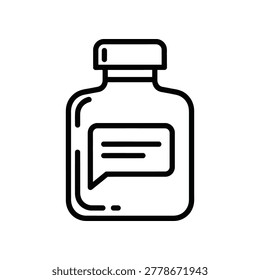 Minimalistic pill bottle icon with speech bubble overlay on clean white background simple design with black outlines and symbolic messaging
