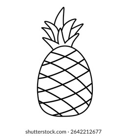 Minimalistic pineapple doodle in black line art style, hand drawn and isolated on transparent background, perfect for stickers and logos.
