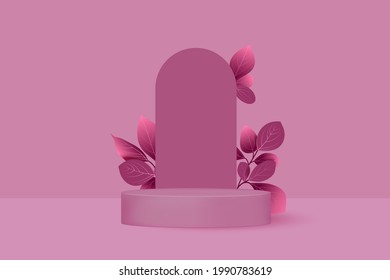 Minimalistic pink color round stage.Abstract realistic cylindrical podium on pastel background.
Cosmetic product showcase platform, shopfront, display case or birthday, anniversary, sale, wedding. 