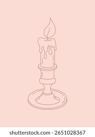 Minimalistic pink line art of a burning candle in a holder. Elegant and cozy decor element for romantic, holiday, or vintage-style designs.


