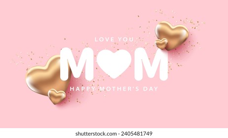 Minimalistic pink Mother's Day card with bronze 3D realistic hearts and sparkles. Holiday card, poster, banner.