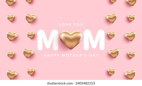 Minimalistic pink Mother's Day card with bronze 3D realistic hearts. Holiday card, poster, banner.
