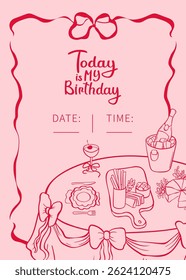 Minimalistic pink and red birthday invitation card template. Decorative bows and table setting. Festive dinner doodle background. Coquette Aesthetic style. Vector outline illustration.