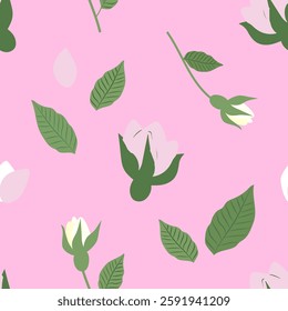 Minimalistic pink roses on a pink background. Seamless vector pattern.