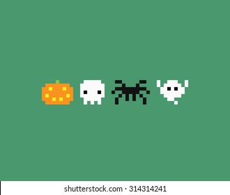 Minimalistic pixel art halloween icons. Pumpkin, skull, spider and ghost