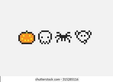 Minimalistic pixel art halloween icons. Pumpkin, skull, spider and ghost