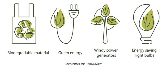 Minimalistic, pixel perfect icon set for eco product packaging: biodegradable material, green energy, windy power energy, energy saving light bulbs.