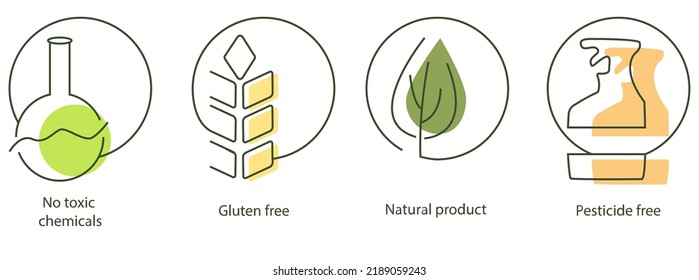 Minimalistic pixel perfect icons for product packaging: no toxic chemicals, gluten free, natural product, pesticides free.