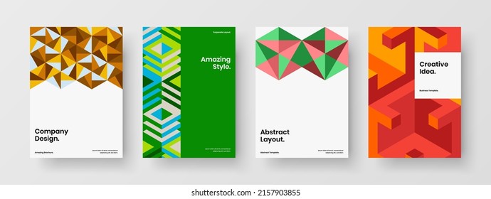 Minimalistic placard A4 design vector concept composition. Colorful mosaic hexagons company identity template bundle.