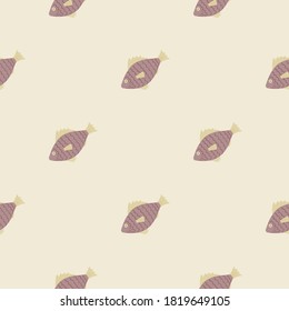 Patrón minimalista de peces sin soldadura en plancton. Animales submarinos de doodle sencillos forman una obra de arte en tonos pastel. Diseñado para papel pintado, textil, papel envolvente, impresión de tela. Ilustración vectorial.