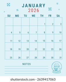 Minimalistic planner page for January 2026 with snowflakes and Santa Claus, vector isolated illustration