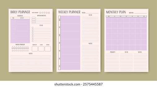 Minimalistic planner templates. Pages for daily, weekly, and monthly organization. Vector diary.