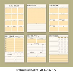 Minimalistic planner templates. Pages for daily, weekly, and monthly organization. Habit tracker and project planner. Vector diary.