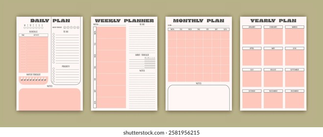 Minimalistic planner templates. Pages for daily, weekly, monthly, and yearly organization. Vector diary.