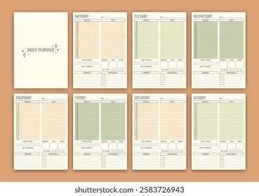 Minimalistic planner templates. Pages for daily, weekly, and monthly organization. Vector diary.