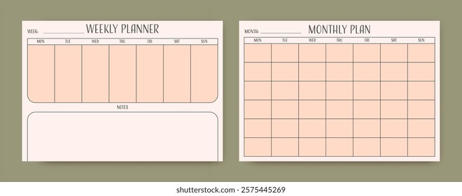 Minimalistic planner templates. Pages for weekly and monthly organization. Vector diary.