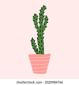 Minimalistic plant vector illustration. Cactus of houseplant in pink pot. Design concept for cover of notepad, notebook, label or card.