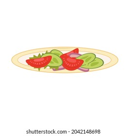 Minimalistic plate with cucumber and tomato salad with onions, Appetizing dish for a healthy diet. Fresh harvest. Sensgiving. Vector illustration isolated on white background.