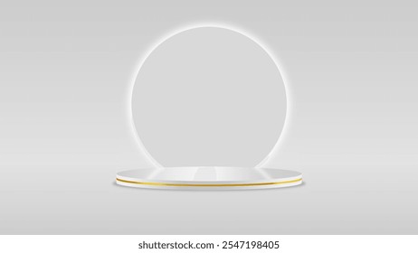 Design de pódio minimalista com um fundo circular brilhante, acentos dourados e um fundo de gradiente cinza limpo. Um design para mostrar produtos, marcas, promoções ou visuais de publicidade modernos.