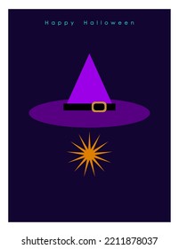 Minimalistische, spitze Hexenhut und Stern auf dunklem Hintergrund. Frohe Halloween-Kartenvorlage.  Vektorgrafik flache Illustration, Halloween-Konzept.