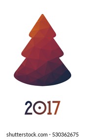 Minimalistic polygonal New Year tree on white background. Christmas greeting card with colorful geometric texture.