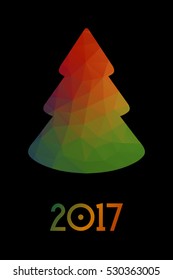 Minimalistic polygonal New Year tree on white background. Christmas greeting card with colorful geometric texture.