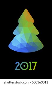 Minimalistic polygonal New Year tree on white background. Christmas greeting card with colorful geometric texture.