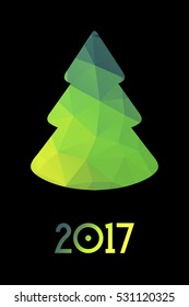 Minimalistic polygonal New Year tree on white background. Christmas greeting card with colorful geometric texture.