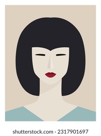 Minimalistic portrait of Asian woman. Asian woman poster. Trendy strong woman abstract portrait.  Wall poster. Brunette retro woman. Female portrait. Minimalistic wall art. Vector wall poster.