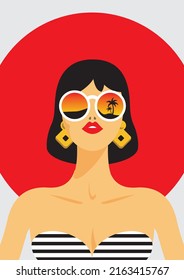 Minimalistic portrait. Woman in sunglasses. Retro poster.