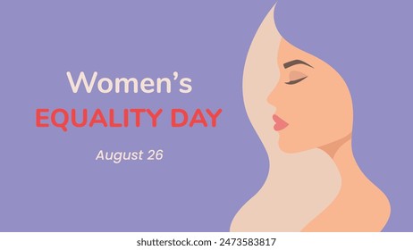 Minimalistic postcard, a banner for the Internet with a profile of a beautiful woman with closed eyes with lush hair. National Equality Day, USA. Inspirational inclusion. Flat vector illustration EPS1