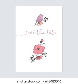 Minimalistic postcard with bird and flowers. Save the date