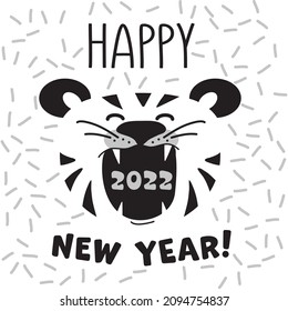 Minimalistic postcard. Happy new year of the tiger! calendar. Tiger face 2022. Funny tiger cub growls and laughs