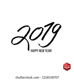 Minimalistic poster or card design template with black Happy New Year 2019 text on white background. Typographic number. Smaller red hexagonal Merry Christmas label.